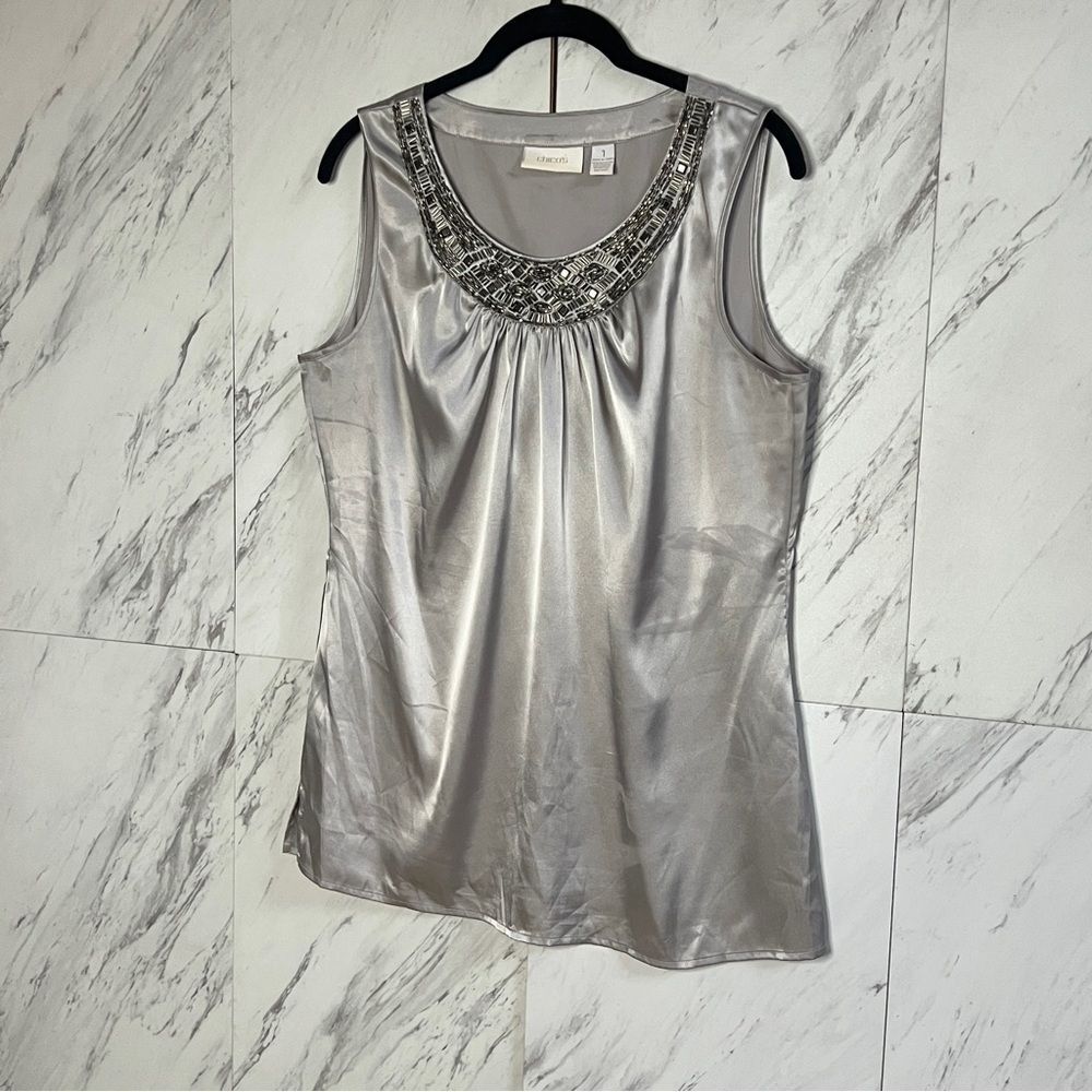 Chico’s Lot of 2 Gray Embellished Satin & Pink Tiered Sleeveless Blouses Medium